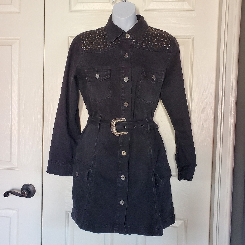 DG2 by Diane Gilman Black Studded Button-Front Midi Dress with Belt